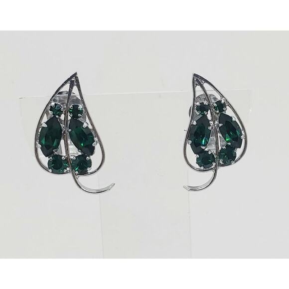 Vintage Earrings Leaf With Emerald Green Rhinestones Clip On Silver Toned - Picture 4 of 10